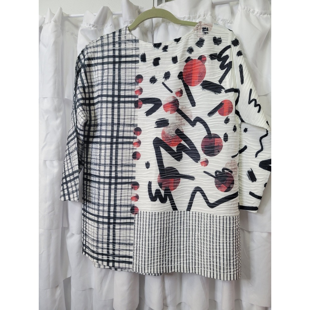 Lois Abstract Plisse Pleated Tunic Top Mixed Print Art Wear 3/4 Sleeve. 519